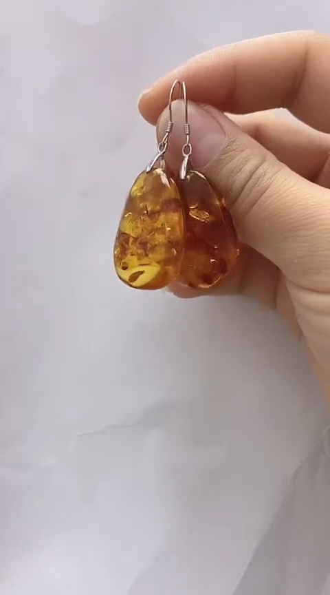 【闪购商品】琥珀裸石银S925镶嵌花珀耳坠