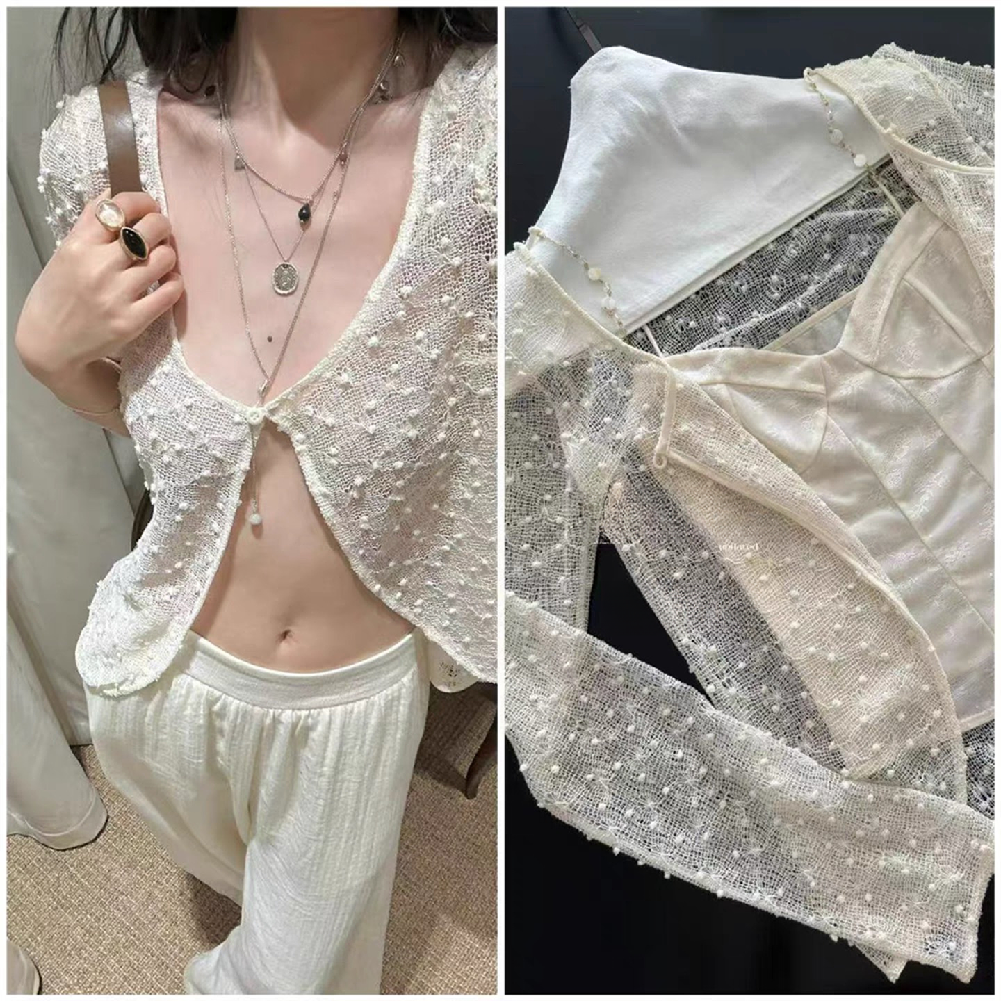 GABBY 小众设计师款镂空针织开衫+吊带+裤子显瘦三件套装L1572