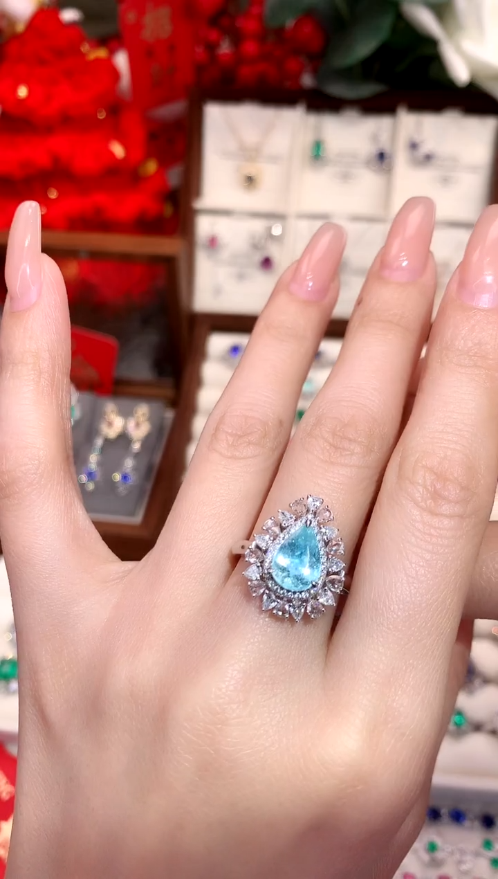 【闪购商品】帕拉依巴碧玺戒指18K金镶嵌2.2ct/天然宝石/