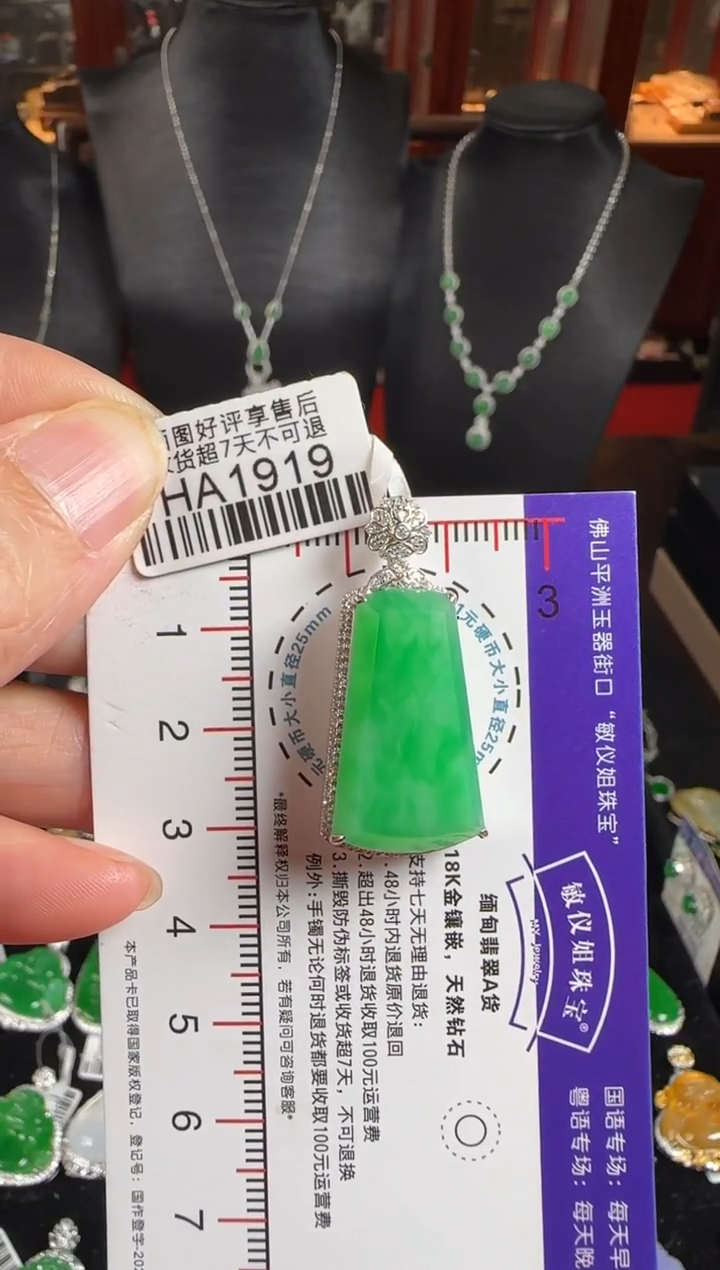 颈饰18K金镶嵌翡翠HA1919阳绿无事牌