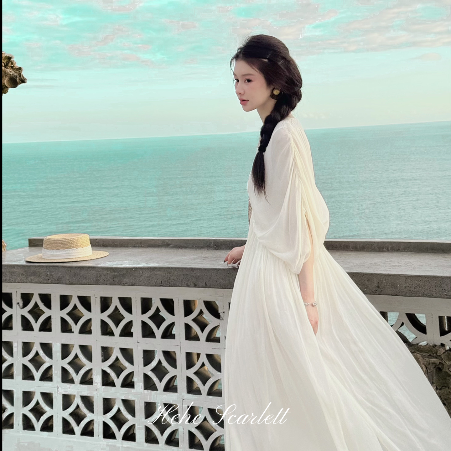 你的呵呵scarlett｜浪漫法式V领褶皱下摆夏季女神气质连衣裙长裙
