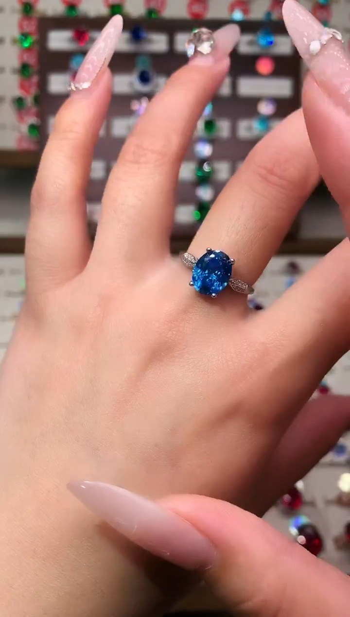 银S925镶嵌戒圈海蓝宝石8*10 银托