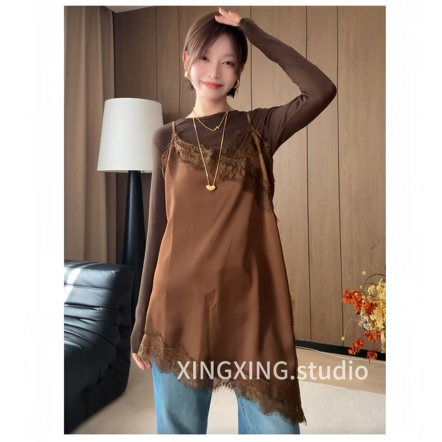 X.x.时髦叠穿绒柔舒适V领时尚显瘦百搭蕾丝吊带裙411