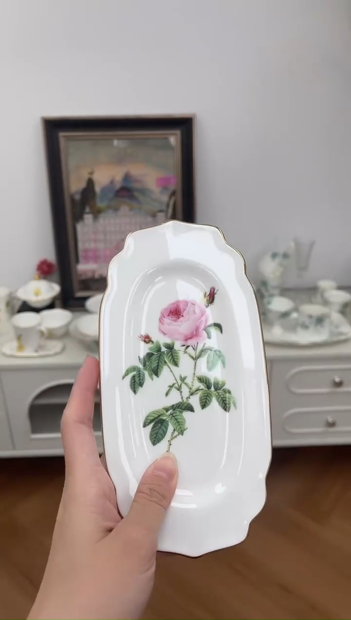 杯玫瑰高骨骨瓷长方盘
