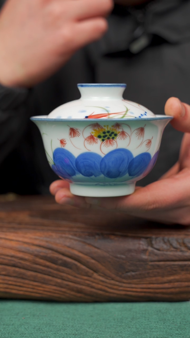 【闪购商品】瓷片寻一缕瓷香杯釉下手工手绘瓷器 莲花盖碗