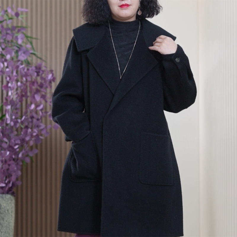 披肩式西装领100%高支澳洲羊毛大衣女大码气质双面呢春季毛呢外套