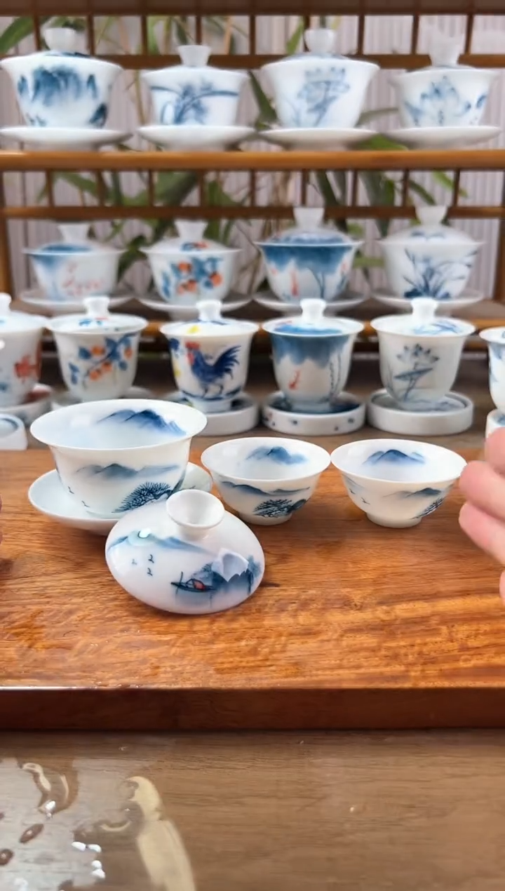 微瑕千里江山80ml三才盖碗+小玉兰杯2个
