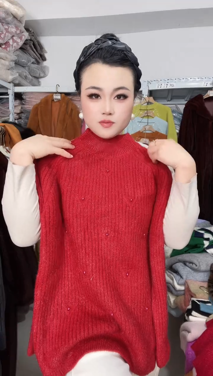 三角  毛衣  红色   