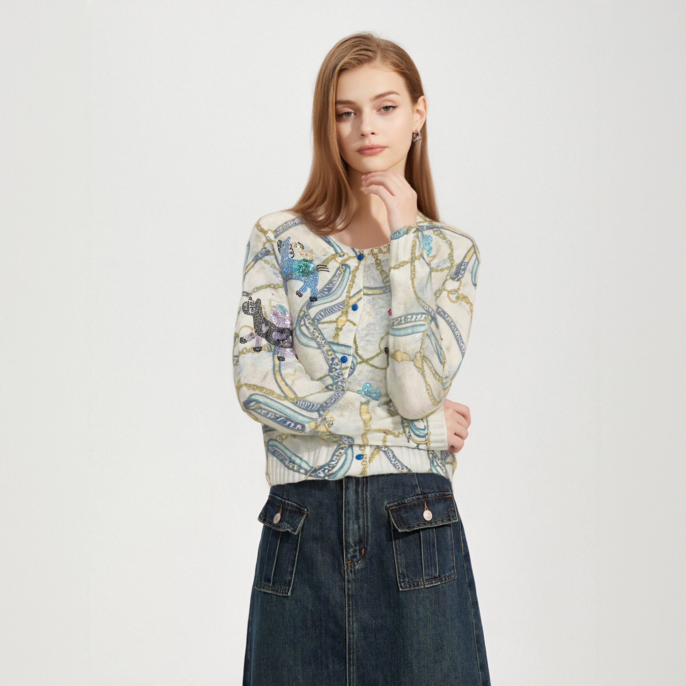 TCH【百搭气质】冬款休闲时尚烫钻花色长袖女装针织衫T75D43E5033