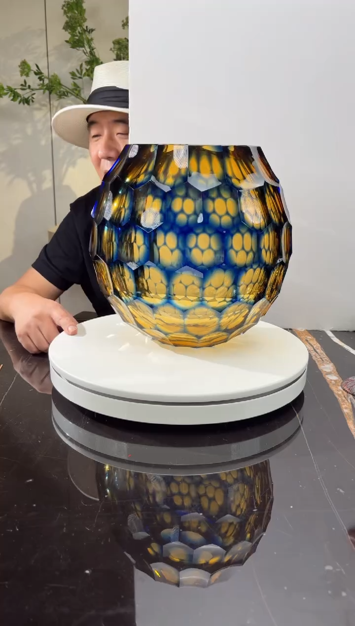 摆件璨石美学【浮光跃金】蓝色茶金凹面花器小号