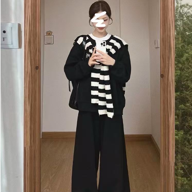 韩版秋季时尚小众设计感慵懒风拼接领长袖卫衣条纹披肩阔腿裤套装