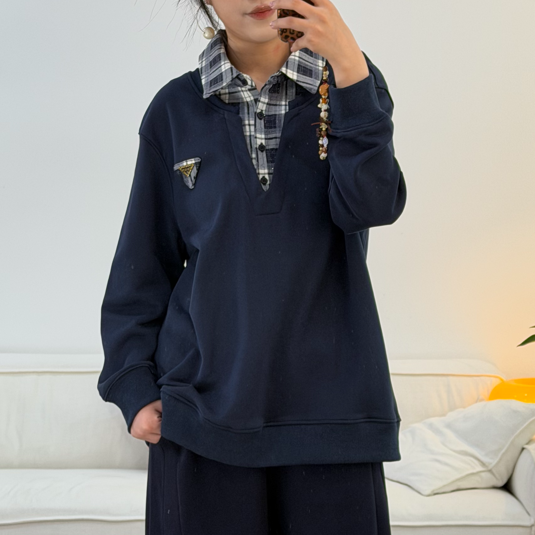 BOBEN25秋假两件格子拼接上衣1569