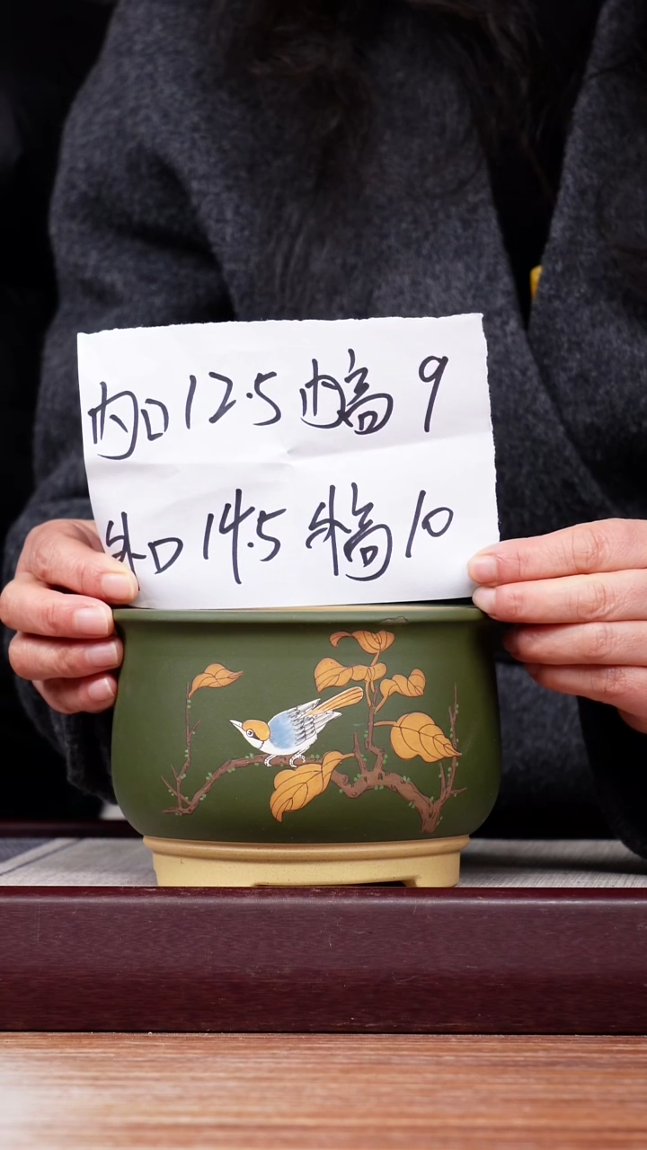 【闪购商品】紫砂花盆粉绿泥手绘叶子小鸟矮圆盆一只无托看图发