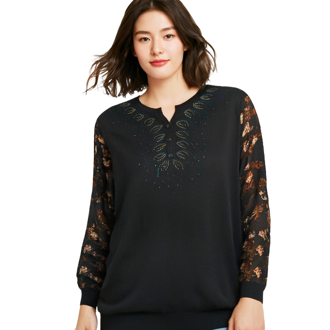 胖太太大码女装秋冬新品通勤纯色雪纺拼接打底衫针织衫621101110