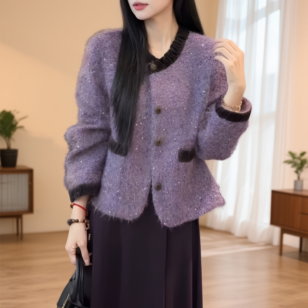 高端紫色亮片羊毛呢外套女2025新款冬季洋气韩版上衣短外套