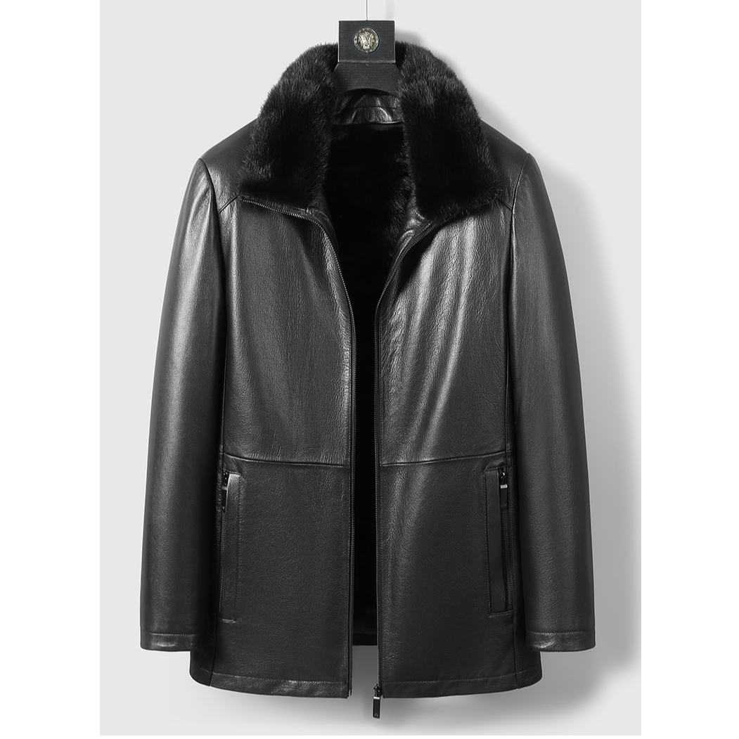 海宁真皮皮衣男山羊皮水貂内胆皮毛一体中老年貂皮加绒保暖外套冬