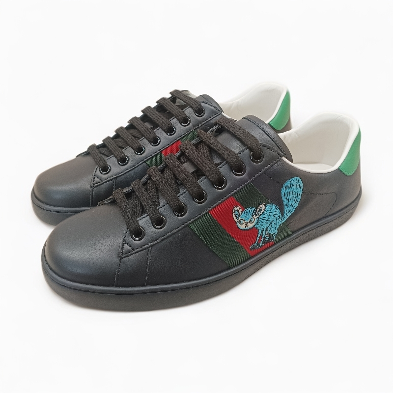 未使用 GUCCI/古驰 小怪兽红绿侧边织带黑色板鞋休闲男士