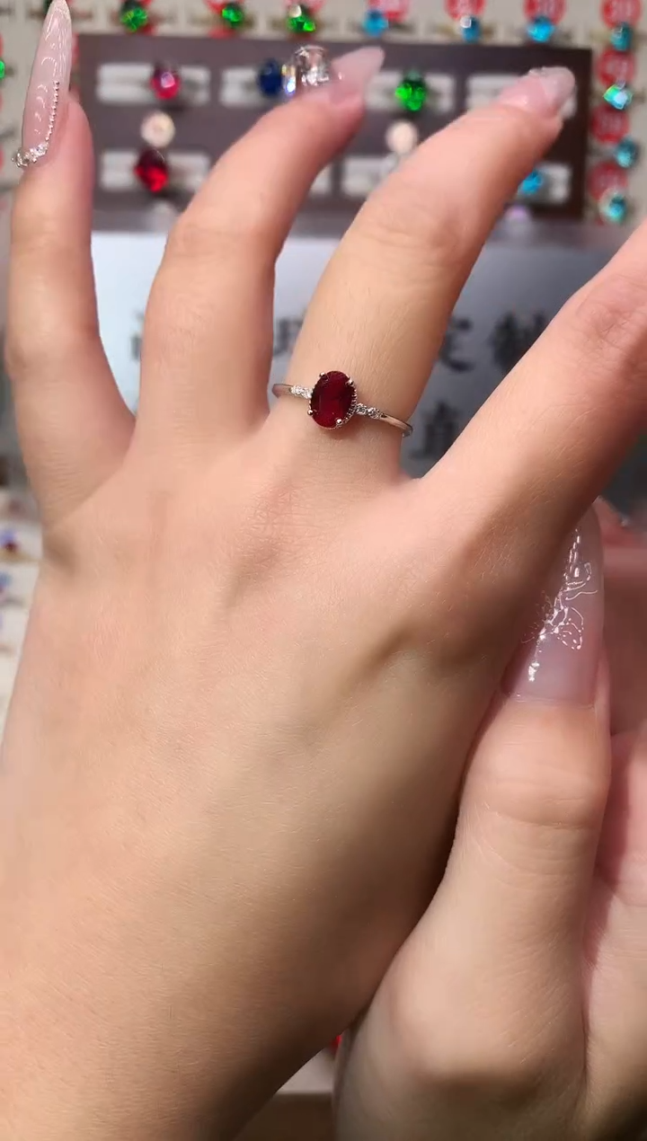 925银 5*7 深鸽血红  银托 戒指 