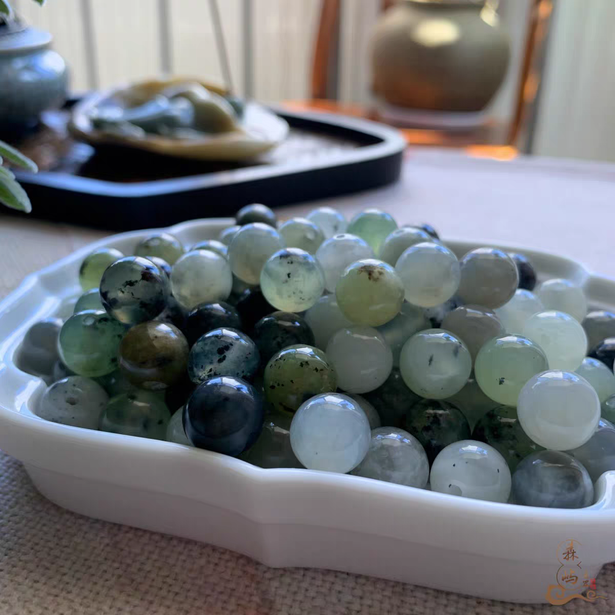 森屿玉器天然岫玉直径12mm（有瑕疵）圆珠手工DIY散珠110颗