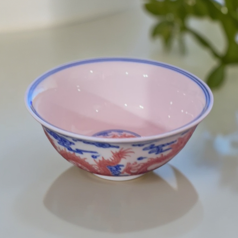 景德镇陶瓷红稀土青花釉里红龙纹5寸米饭碗