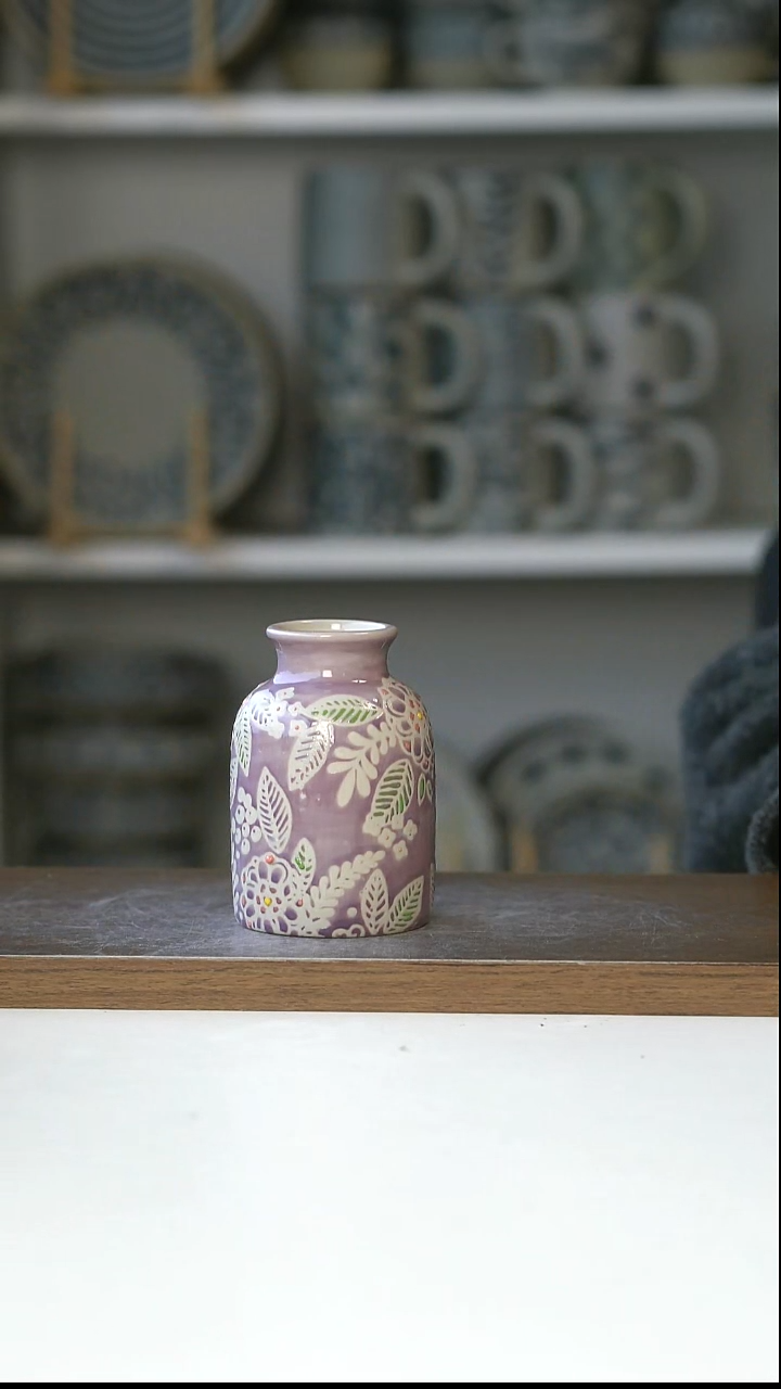 陶出法Langss手绘油画风紫色花瓶9cm@4-2@微瑕