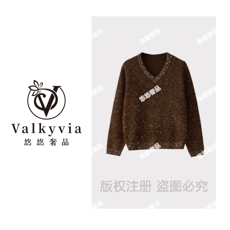 【Valkyvia/悠悠奢品】羊毛珠片纱V领钻饰亮片针织毛衣msl1145