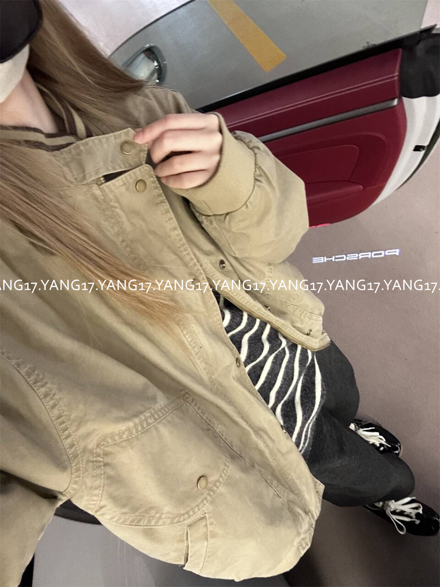 杨十七 古着感复古水洗飞行夹克经典棒球领多口袋夹棉外套