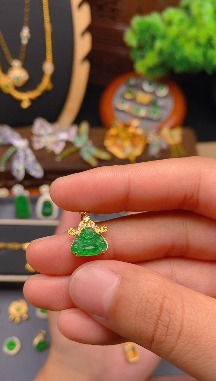 【闪购商品】翡翠吊坠(不含链)银S925镶嵌金色财神佛公