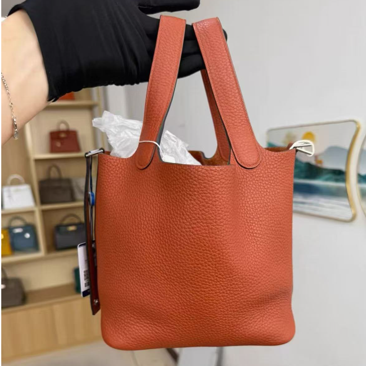 99新 Hermes/爱马仕 菜篮子18南瓜色银扣tc皮d手提包