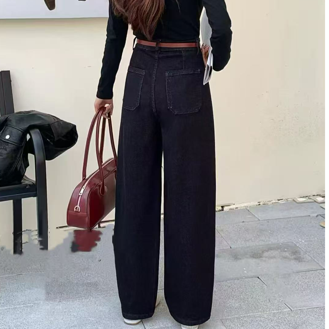 时尚百搭气质高腰薄款高弹阔腿弯刀牛仔裤H9573