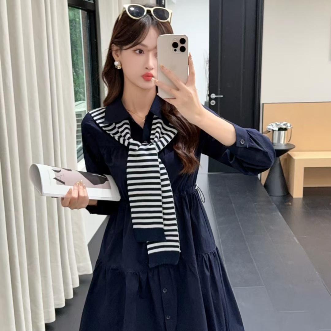 【芊朵 】高级感撞色条纹披肩衬衣连衣裙设计感收腰单排扣长袖裙子