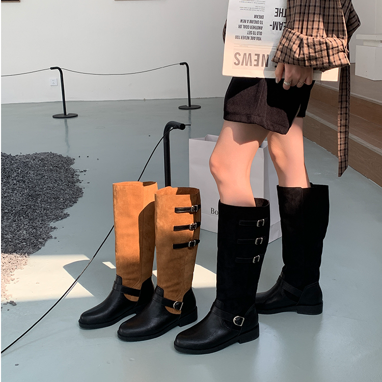 设计感复古英伦风拼接粗跟长筒靴女百搭显瘦显腿长马丁靴2025新款