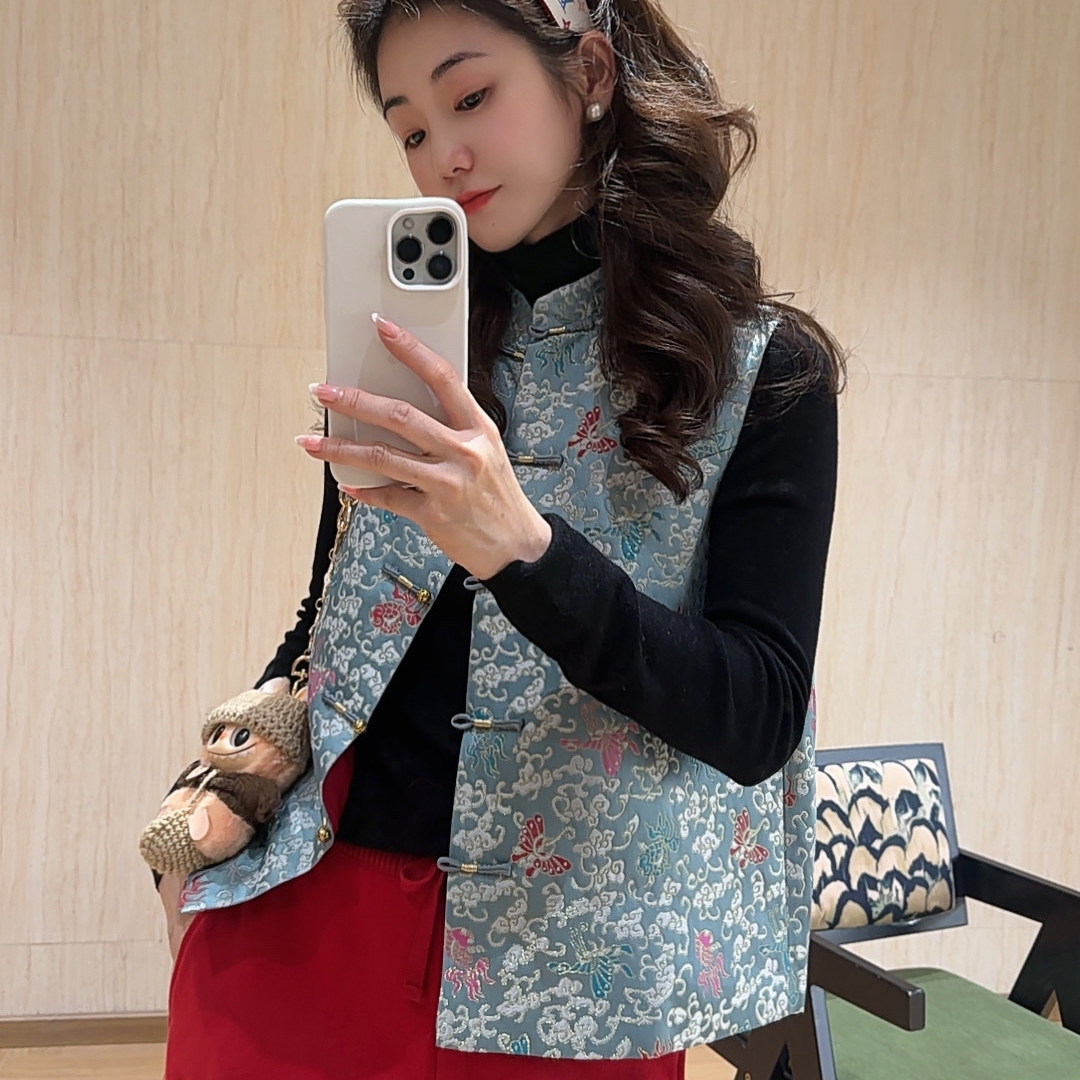 （金鱼戏彩碟）老宋锦高密度桑丝高贵气质中式马甲深圳南油小香风