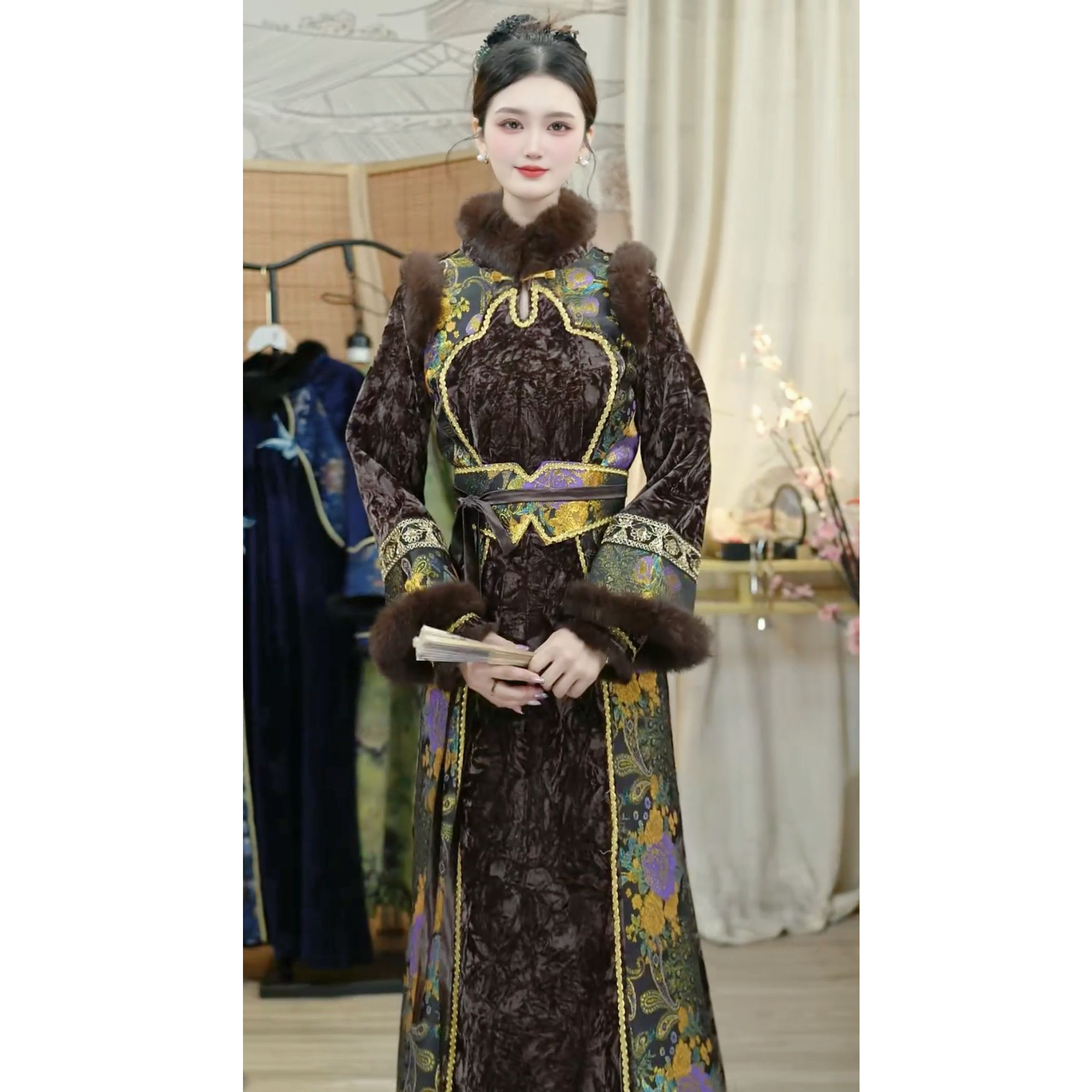 【夏维莲·褐绒金笺】冬季新款国风加绒咖色新中式女装汉服（5489）