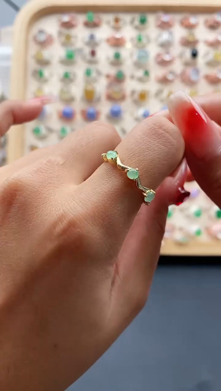 【闪购商品】翡翠戒指银S925镶嵌缅甸天然A货翡翠222 2+5