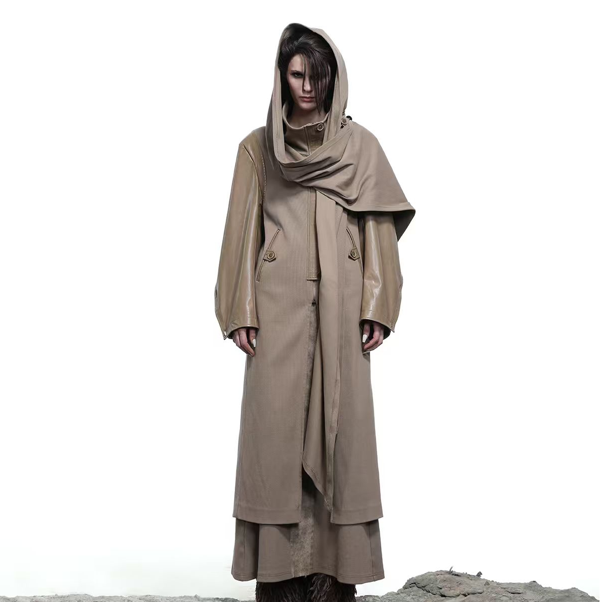 NN-NORTH NODE 拼接PU质感风衣外套大衣（送围脖帽子）