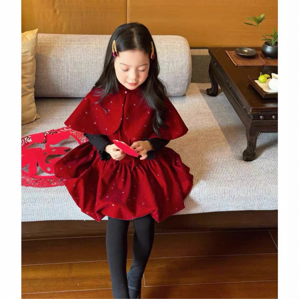 女童冬季加绒背心裙喜庆新年女宝宝加绒保暖裙保暖披肩两件套