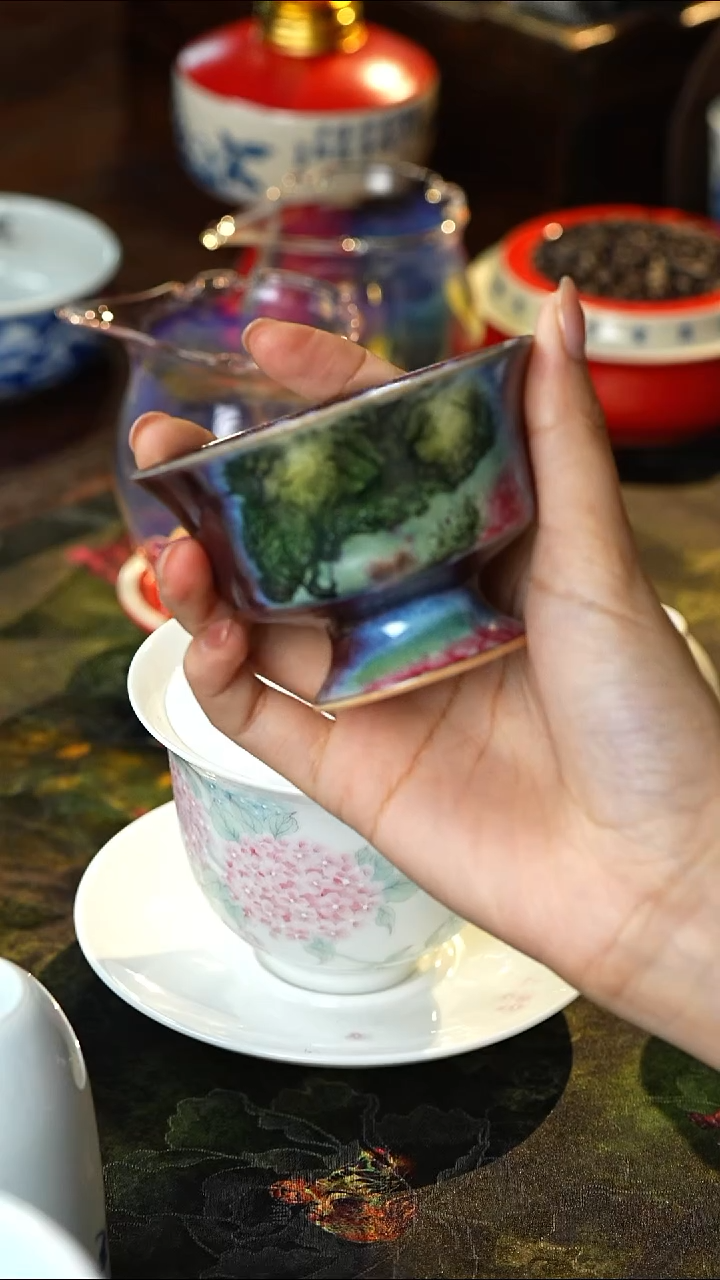 景德镇高温纯手工窑变高足马蹄杯