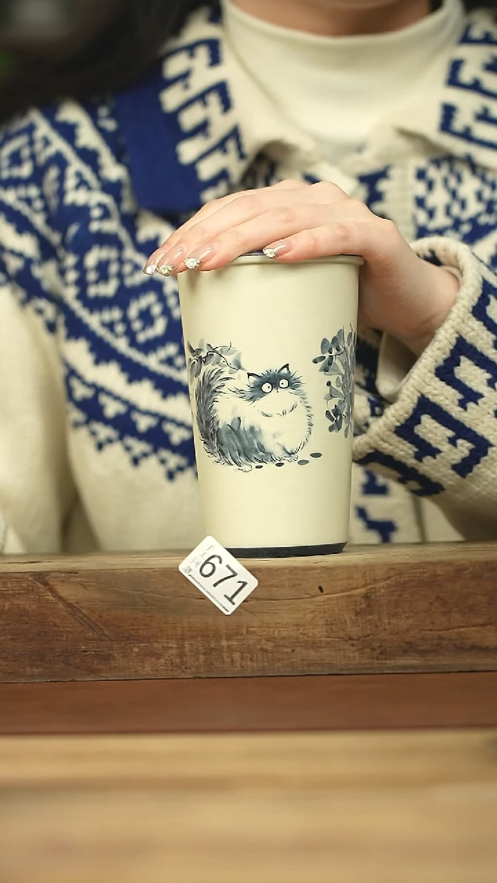 设计师手作款！！青花小猫可乐杯系列！
