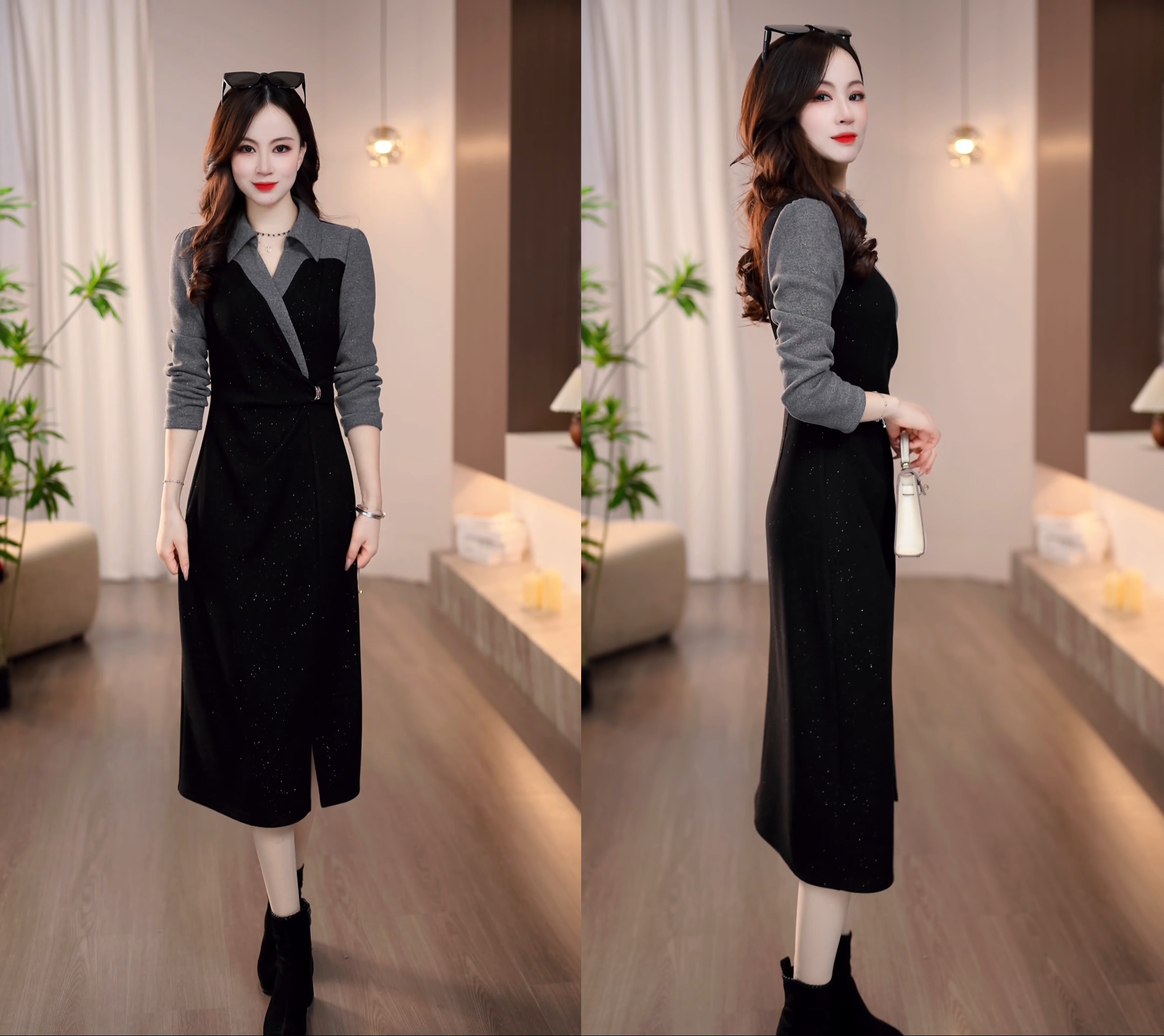 2025冬季黑色拼灰翻领简约大气收腰复古时尚假两件连衣裙M-4XL