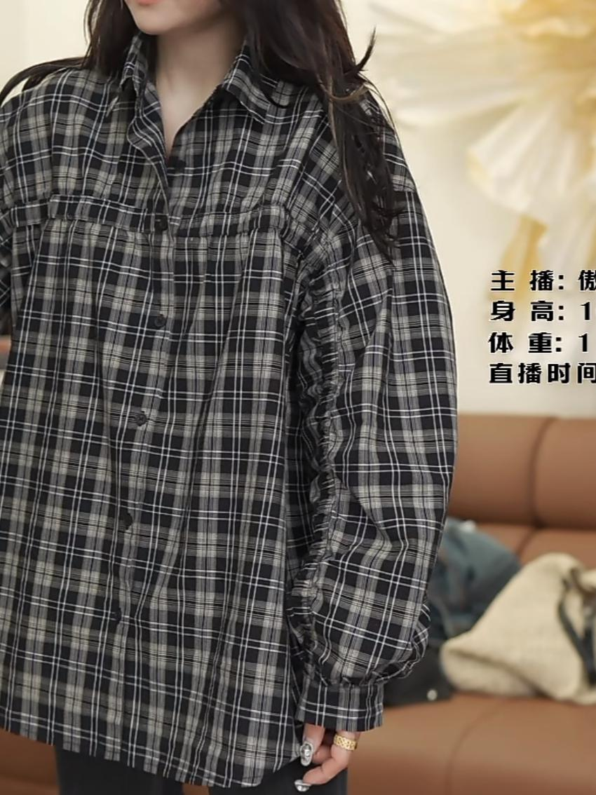 museguhui/木色古汇  2307#褶皱格衬衣时尚长袖复古