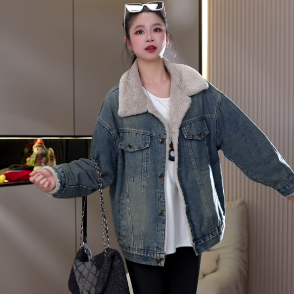 复古蓝加绒牛仔外套女派克服秋冬季新款保暖加厚棉衣夹克休闲上衣