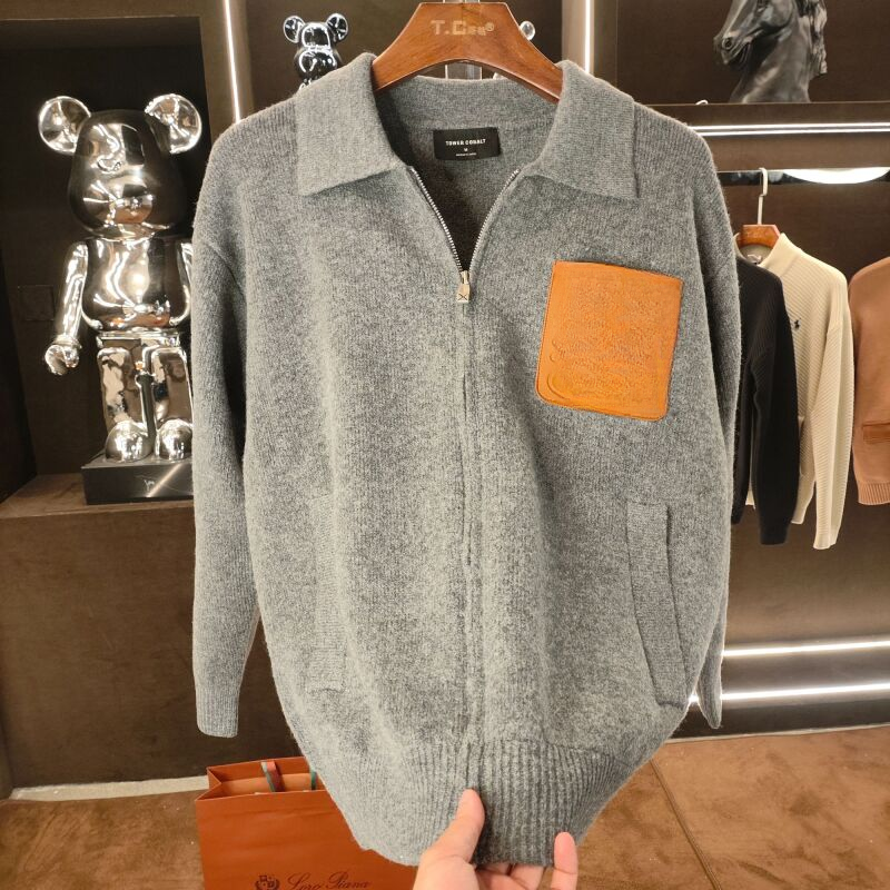2025秋季新款拼接口袋拉链针织羊毛外套翻领时尚老钱风男针织衫