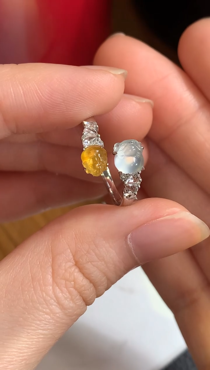 【闪购商品】翡翠戒指18K金镶嵌双金蟾接孩子