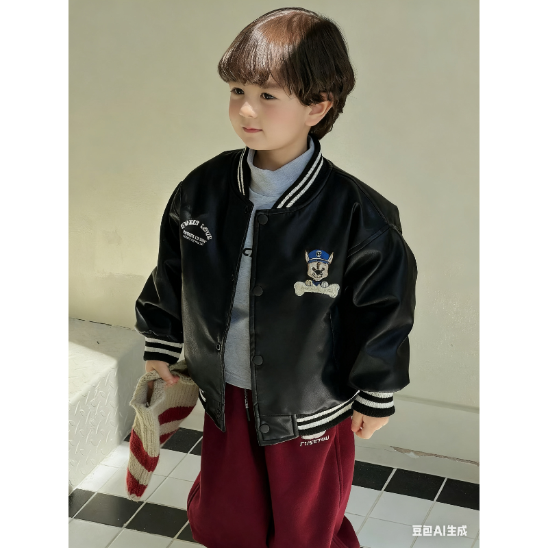 儿童夹克皮衣冬季韩版万针刺绣旺旺队夹兔毛绒加绒加厚男童外套