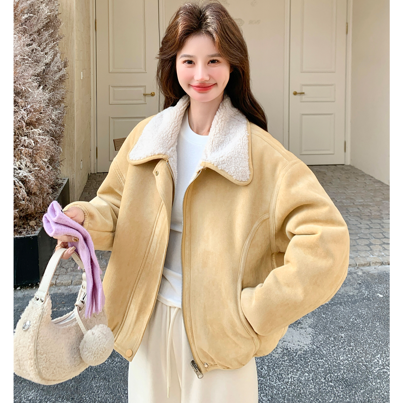 欧货高端翻领羊羔毛麂皮绒外套2025冬季新款宽松保暖加厚夹克上衣