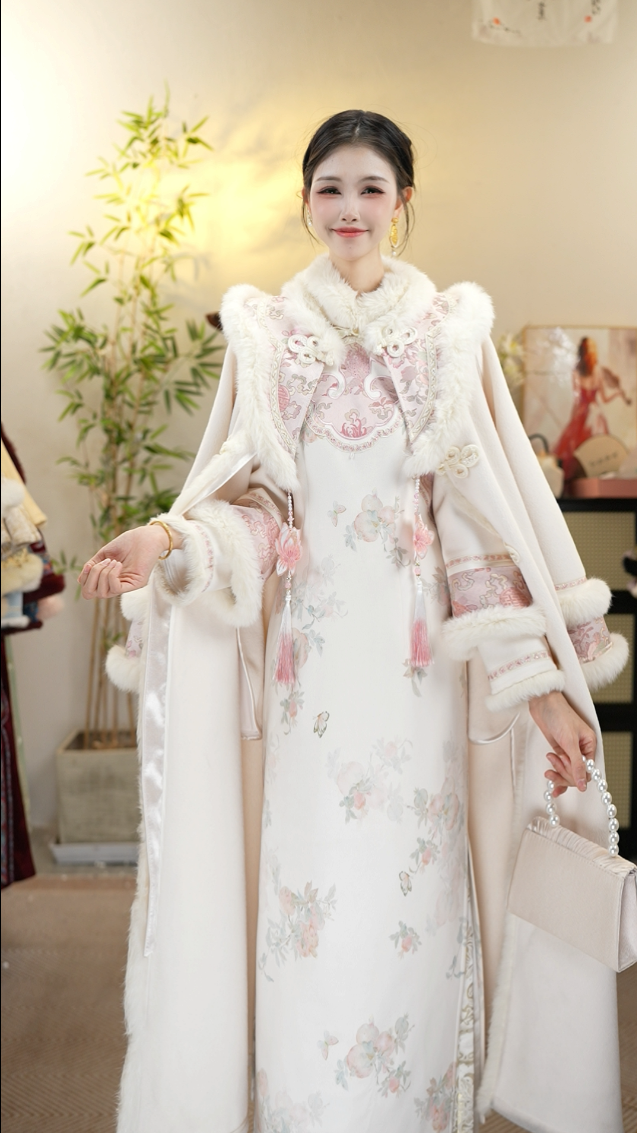 【花想容·玉露榴粉】复古粉白色加绒显瘦保暖女装套装（5469+5479）