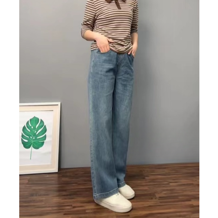 88牛仔裤高腰松紧腰蓝色显瘦时尚休闲百搭春夏直筒裤外穿宽松笑脸