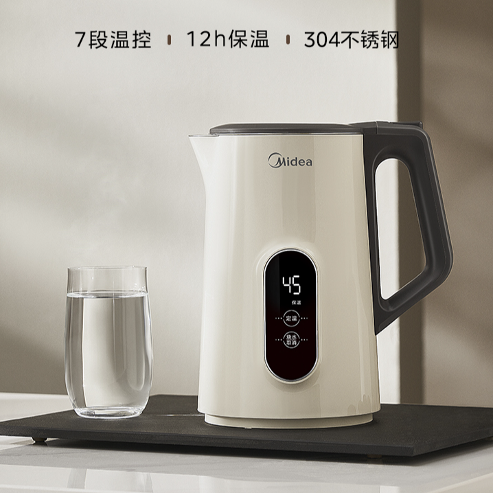 美的电水壶家用1.7L大容量7段恒温调控12H保温不锈钢内胆烧水壶