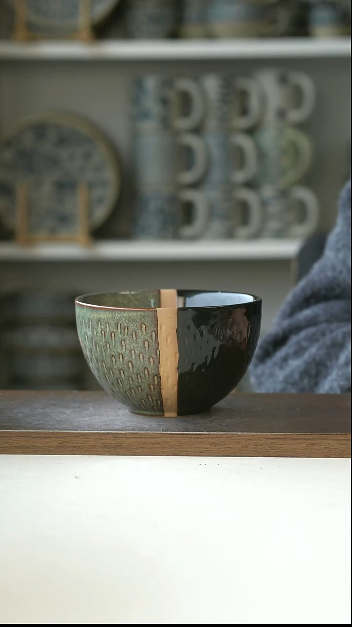 陶粗陶手作黑绿拼早餐碗13cm@4-2@微瑕